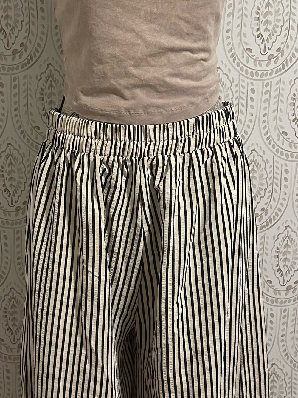 Striped Elastic Waist Wide-Leg Pants - Black & Cream